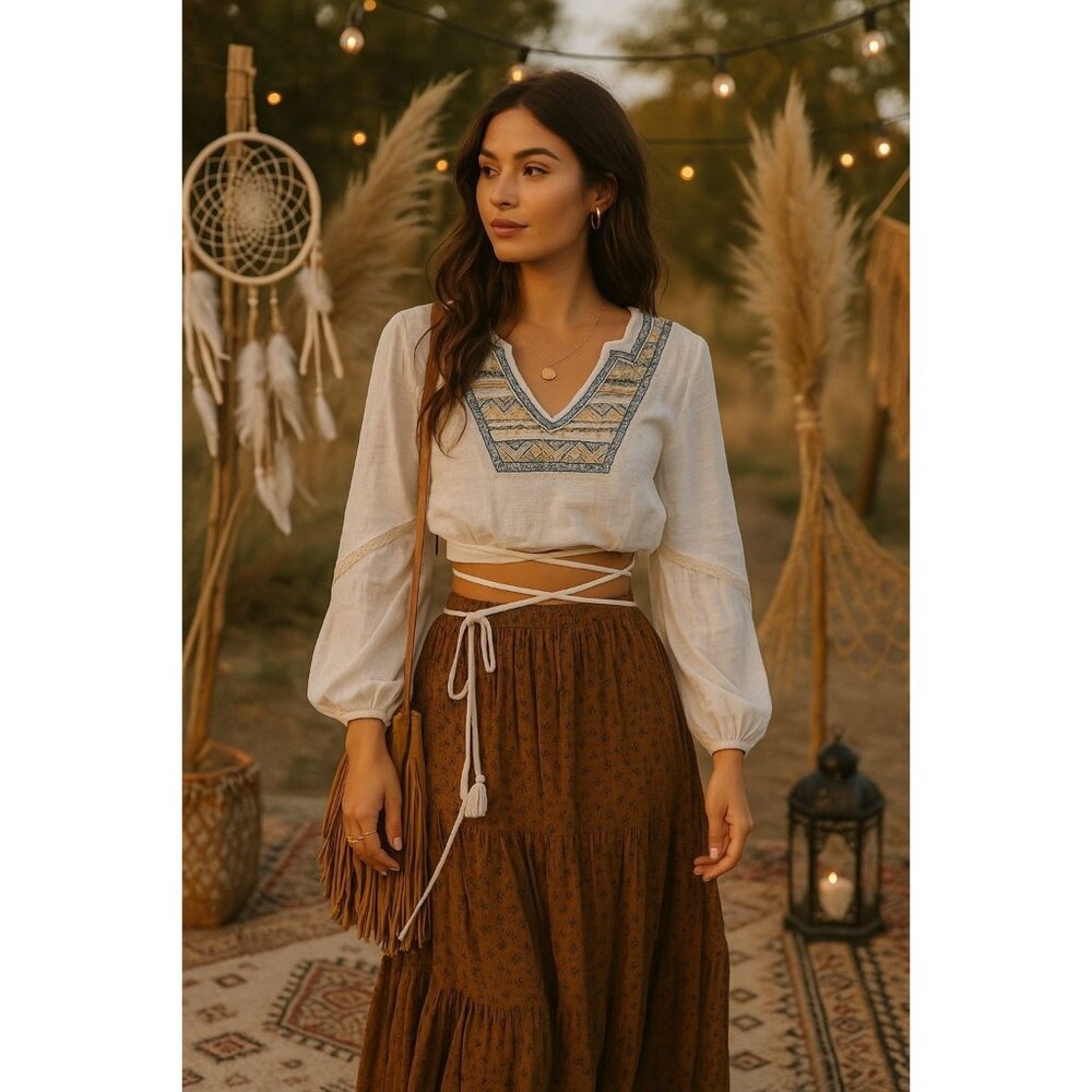 Pol White M Peasant Top Boho Embroidered Festival Cottagecore Romantic